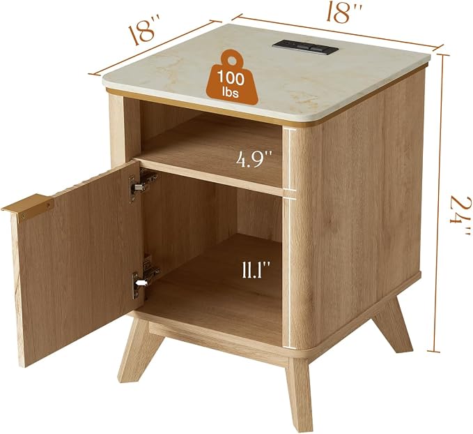 QUW Fluted Nightstands with Charging Station, Wooden Bedside Table with Faux - Image 2
