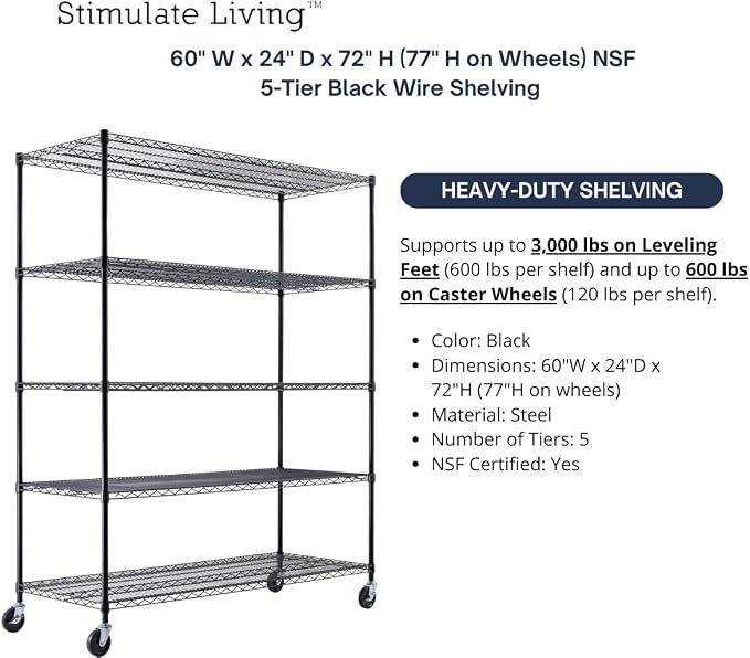 60"x24"x72" PRIME HEAVY DUTY Black 5-Tier Wire Shelving NSF 3000 LBS MAX - Image 4