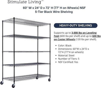 60"x24"x72" PRIME HEAVY DUTY Black 5-Tier Wire Shelving NSF 3000 LBS MAX - Image 4