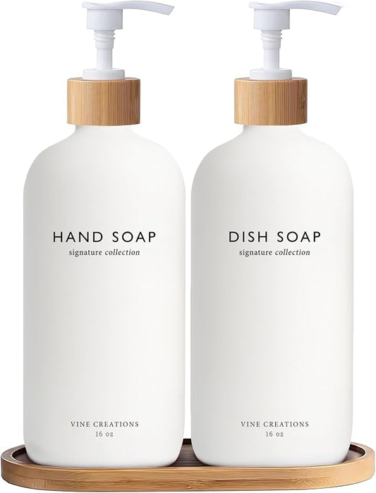 Vine Creations White Glass Soap Dispenser Set, Hand Soap and Dish Soap by VineCreations