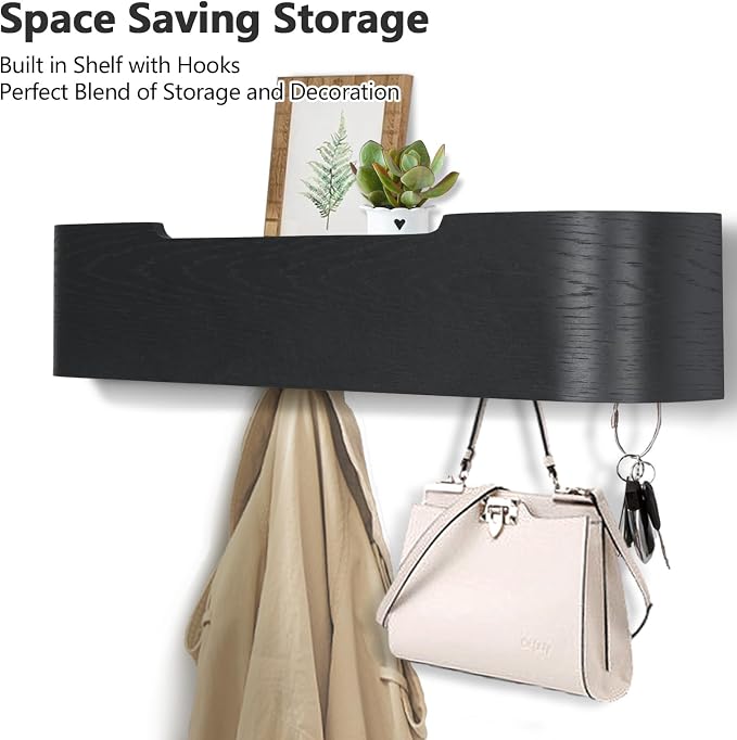 Coat Rack Wall Mount with Hidden Hooks Modern Key Holder Wood Entryway Hook - Image 2