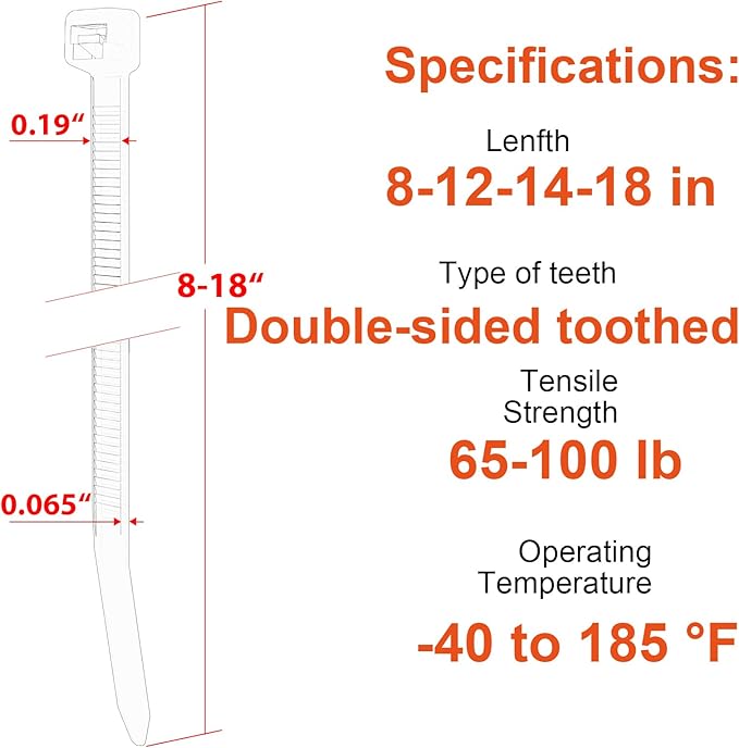 Zip Ties Assorted Size, 8+12+14+18 Inch Double Sided Toothed, 100 LBS Tensile - Image 2