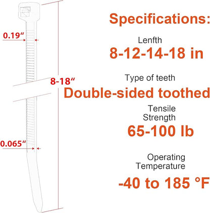 Zip Ties Assorted Size, 8+12+14+18 Inch Double Sided Toothed, 100 LBS Tensile - Image 2
