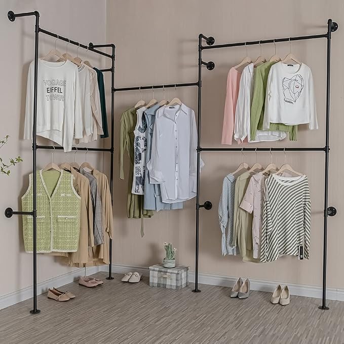 Industrial Pipe Clothes Rack, Heavy Duty Detachable Wall Mounted Black Iron - Image 2