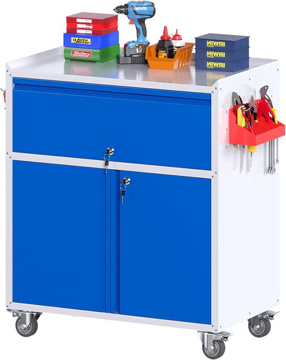 Aobabo Metal Cabinet with Wheels, Metal Garage Cabinet with 1 Drawer and 4 Hooks by Aobabo