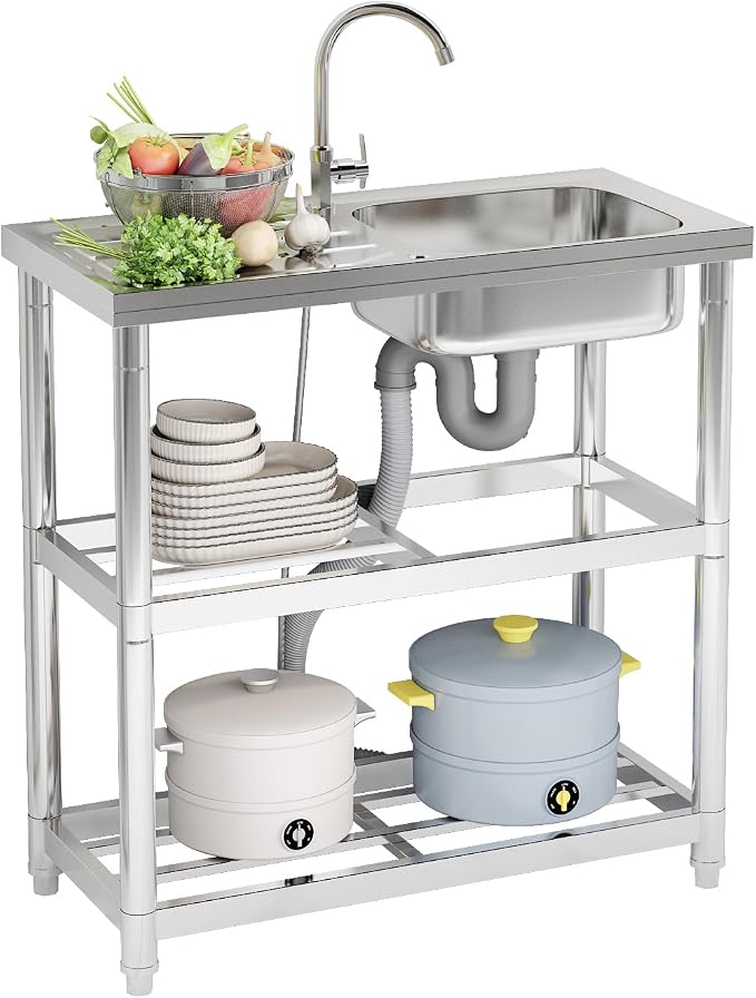 Outdoor Garden Free Standing Utility Stainless Steel Sink, Portable Single Bowl by Hymula