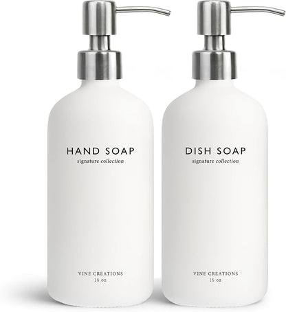 Vine Creations White Glass Soap Dispenser Set, Dish Soap and Hand Soap by VineCreations