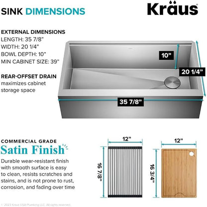 KRAUS Kore 36-Inch Farmhouse Workstation 16 Gauge Single Bowl Stainless Steel - Image 5