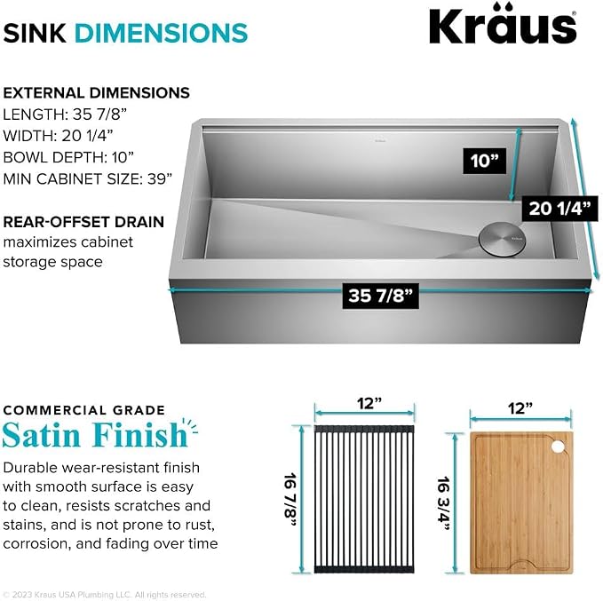KRAUS Kore 36-Inch Modern Farmhouse Workstation 16 Gauge Single Bowl Stainless - Image 5