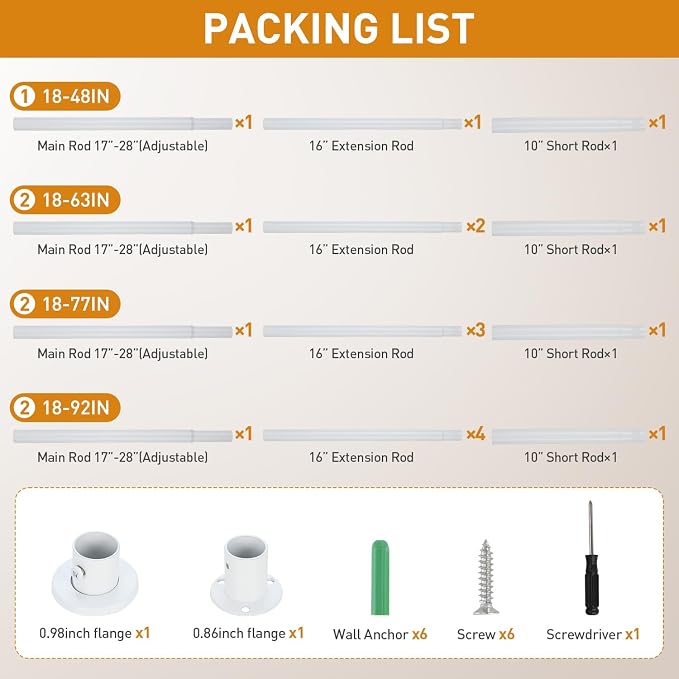 White Adjustable Closet Rod 18-92 Inches, Heavy Duty Metal Clothes Hanging Rod - Image 9