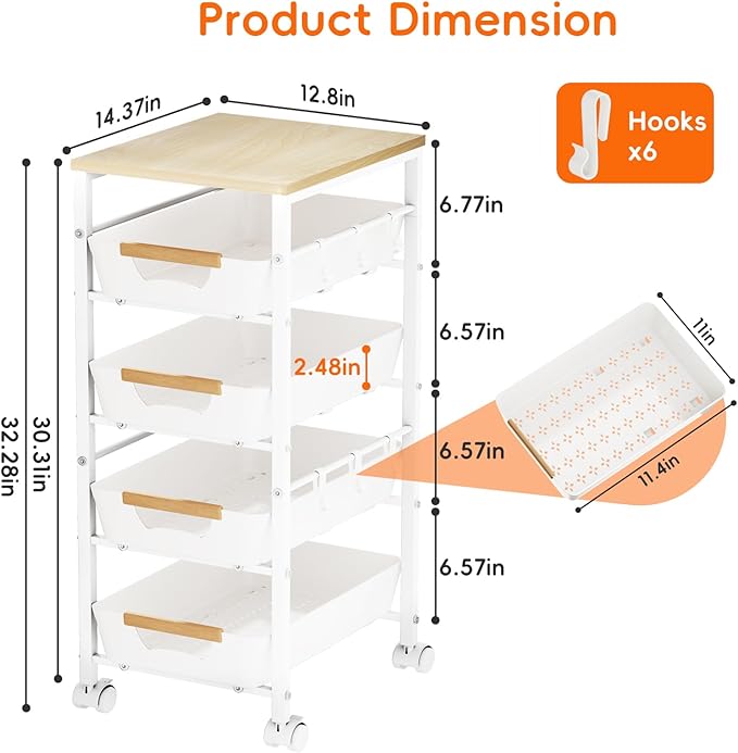 5-Tier Kitchen Storage Cart, Wood Top Rolling Cart Organizer - Image 5