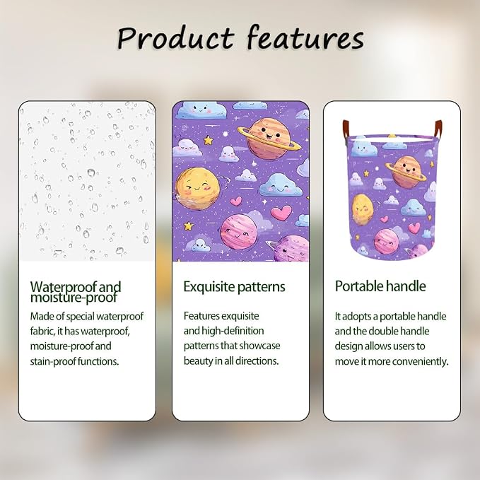 Laundry Baskets 15.7x19.7 Inch Large Cartoon Planets Clouds Design Collapsible - Image 2