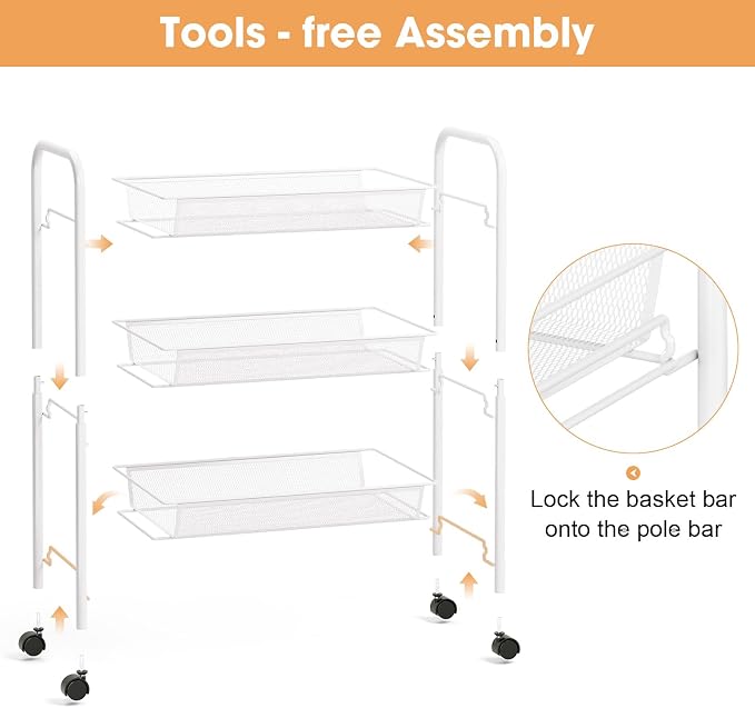 TOOLF 3-Tier Metal Rolling Cart, Mesh Wire Easy Assemble Utility Cart, Storage - Image 5