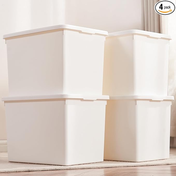 White Storage Bins with lids, Office stackable Plastic Boxes Set of 4, Garage by Yishyfier
