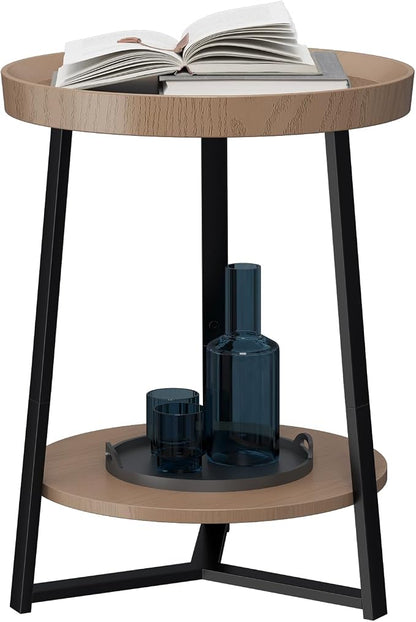 Gadroad Round End Table with Storage Shelf, 2 Tier Farmhouse Side Table by Gadroad