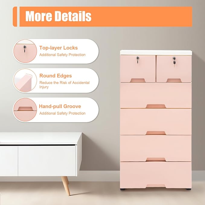 5-Layers Plastic Dresser with 6 Drawers Movable Chest of Drawers Locked Storage - Image 8