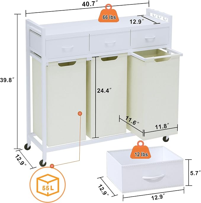 Laundry Hamper, Laundry Sorter 3 Section, Rolling Laundry Basket - Image 5