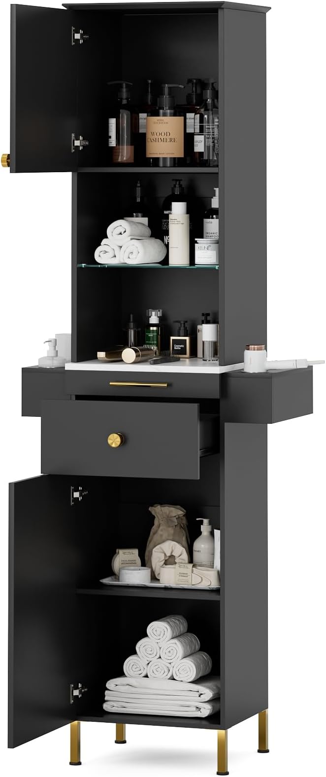 Salon Stations for Hair Stylist, Barber Station w/Glass Shelf & Golden Handles by TTGIEET