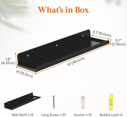 Lifewit Floating Shelves for Wall, 12 Pack Black Acrylic Shelf 15" Room Decor - Image 3