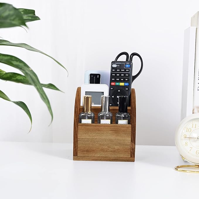 OKSQW Rustic Vintage Wooden Desk Organizer Farmhouse Wood Remote Control Caddy - Image 5