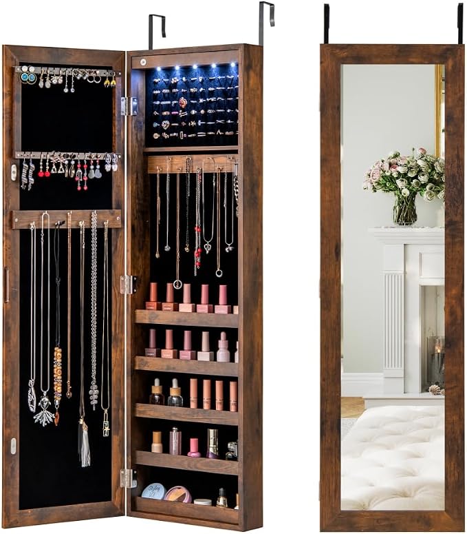 5 LEDs Mirrored Jewelry Cabinet Wall Mounted or Door Hanging, 42” Jewelry Box by IFANNY