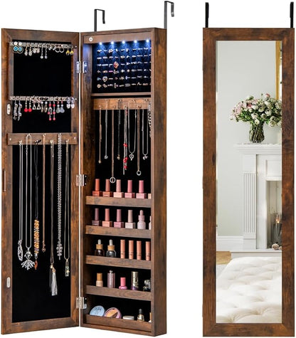 5 LEDs Mirrored Jewelry Cabinet Wall Mounted or Door Hanging, 42” Jewelry Box by IFANNY