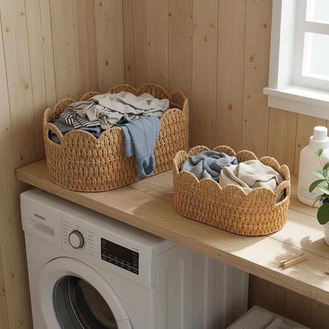 Paper Rope Scalloped Basket Set of 2, Woven Storage Baskets - Image 2
