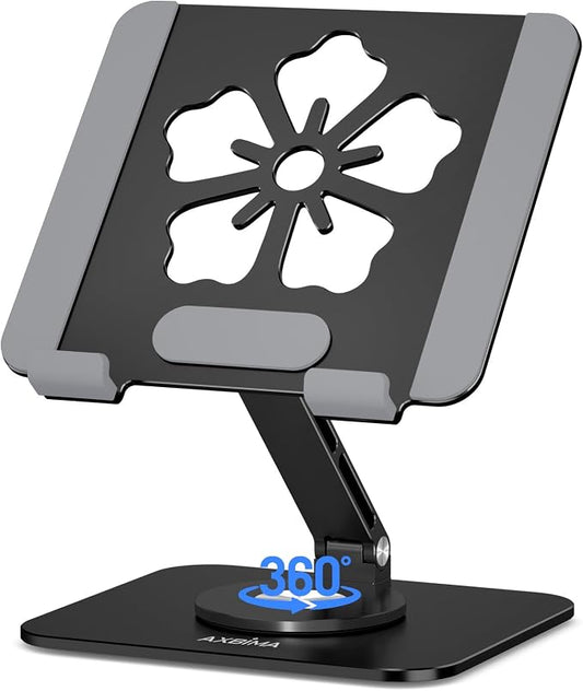 Tablet Stand for iPad, 360° Rotating Aluminum Foldable Holder – Adjustable Desk by Axbima