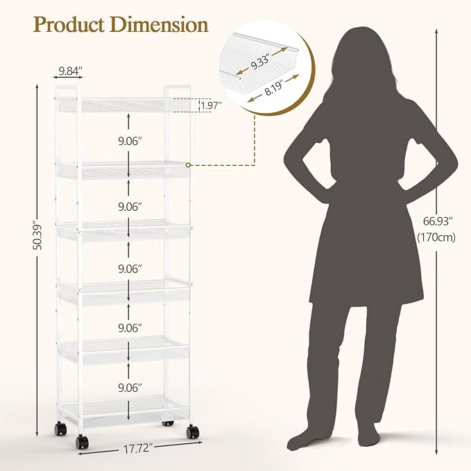 6 Tier Slim Rolling Storage Cart, Narrow Mobile Shelving Unit Organizer Utility - Image 2