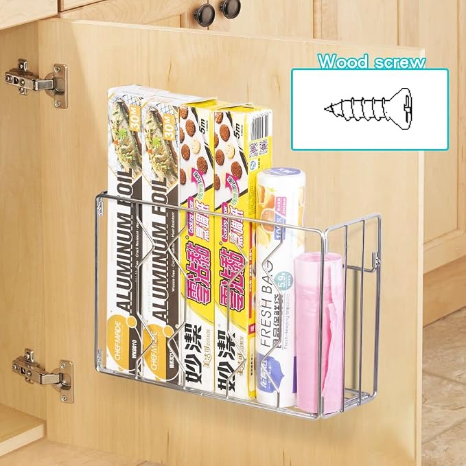 YQh Wall Mount Kitchen Wrap Organizer Rack, Cabinet Storage Basket, Aluminum - Image 5