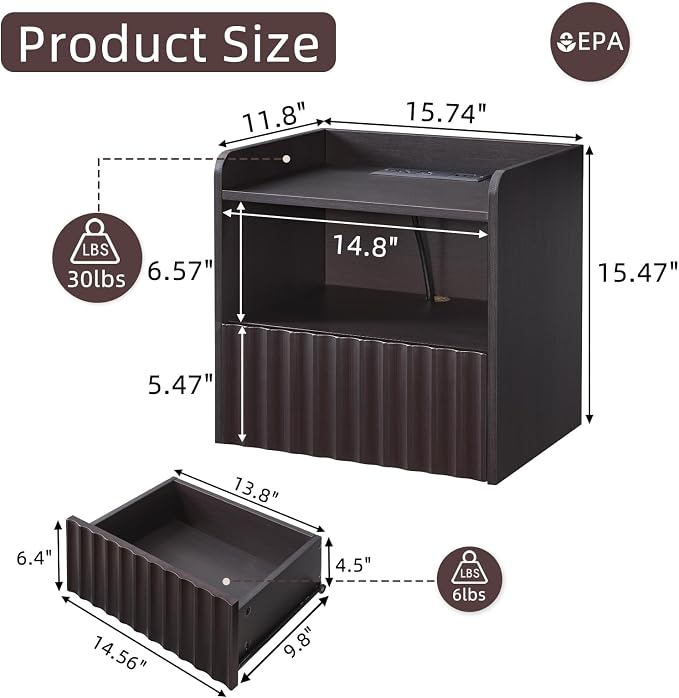 Modern Fluted Floating Nightstand Wall Mounted Set of 2- Bedside Table - Image 2