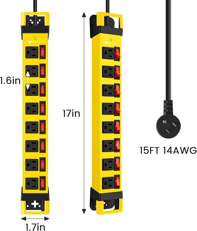 Heavy Duty Power Strip with Individual Switches, 8 Outlets 14 Gauge Industrial - Image 7