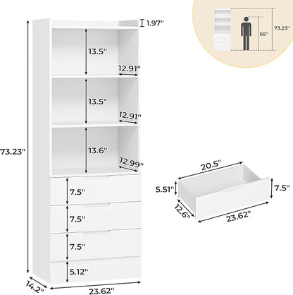 DICTAC Bookcase Set of 2 with 3 Drawers 73.23'' White Bookshelf Storage - Image 3