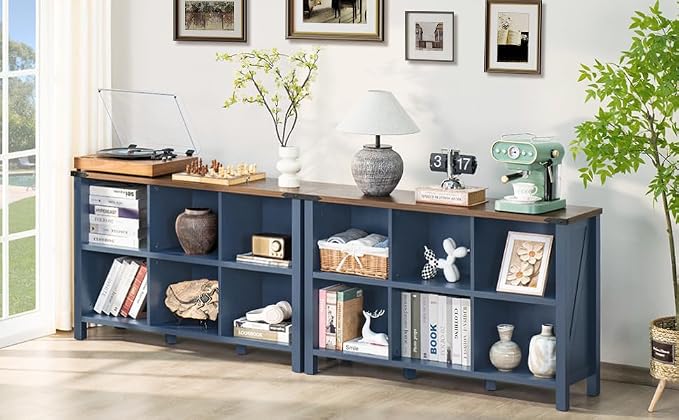 6 Cube Bookcase, Farmhouse Wood Low Storage Organizer Book Shelf, Hallway Book - Image 4