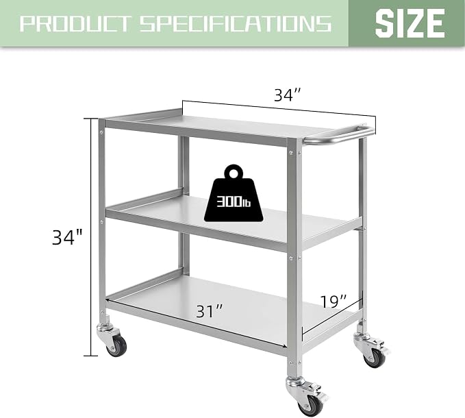 Hally Stainless Steel Utility Cart 3 Tier NSF Commercial Heavy Duty Metal - Image 2