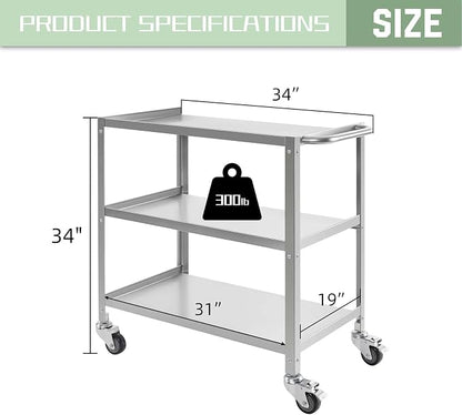 Hally Stainless Steel Utility Cart 3 Tier NSF Commercial Heavy Duty Metal - Image 2