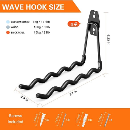 Heavy Duty Garage Hooks 4 Pack, 7.7 inch Wave Long Hanger, Wall Mounted Storage - Image 3