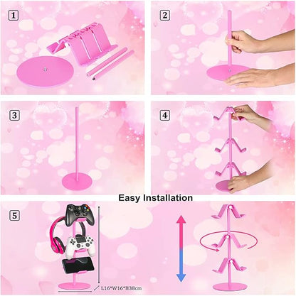 Controller Holder Pink, Headphone Stand, 3 Tier Multi Adjustable Game - Image 4