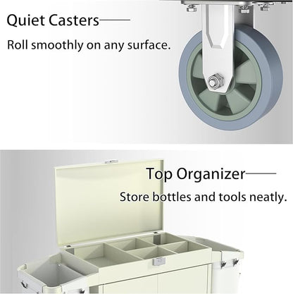 Heavy Duty Metal Housekeeping Janitorial Cart, Silent Casters, Locking Large - Image 7