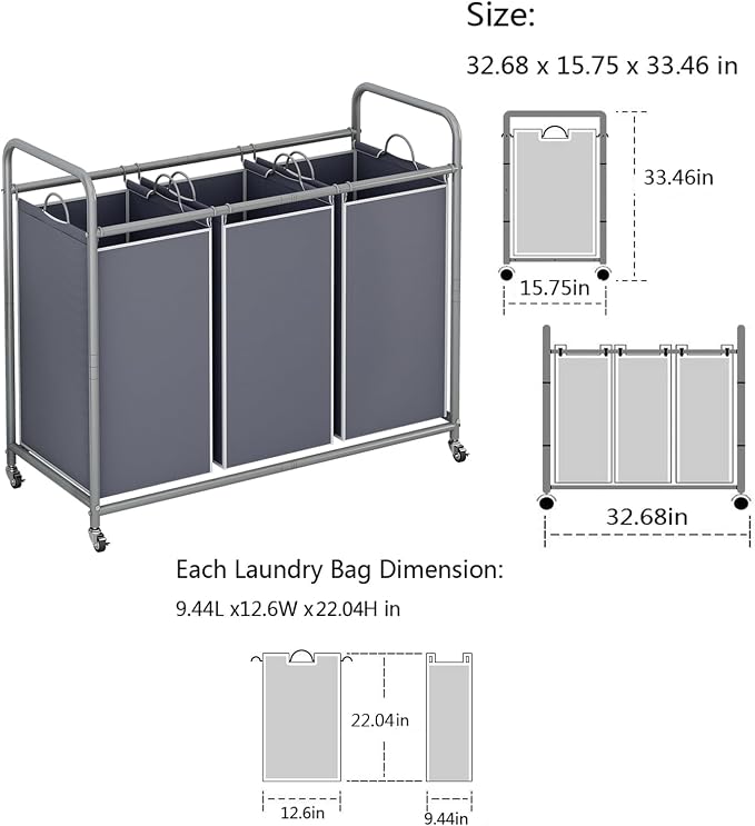 LINZINAR 3-Bag Laundry Sorter, Laundry Hamper Cart - Image 5