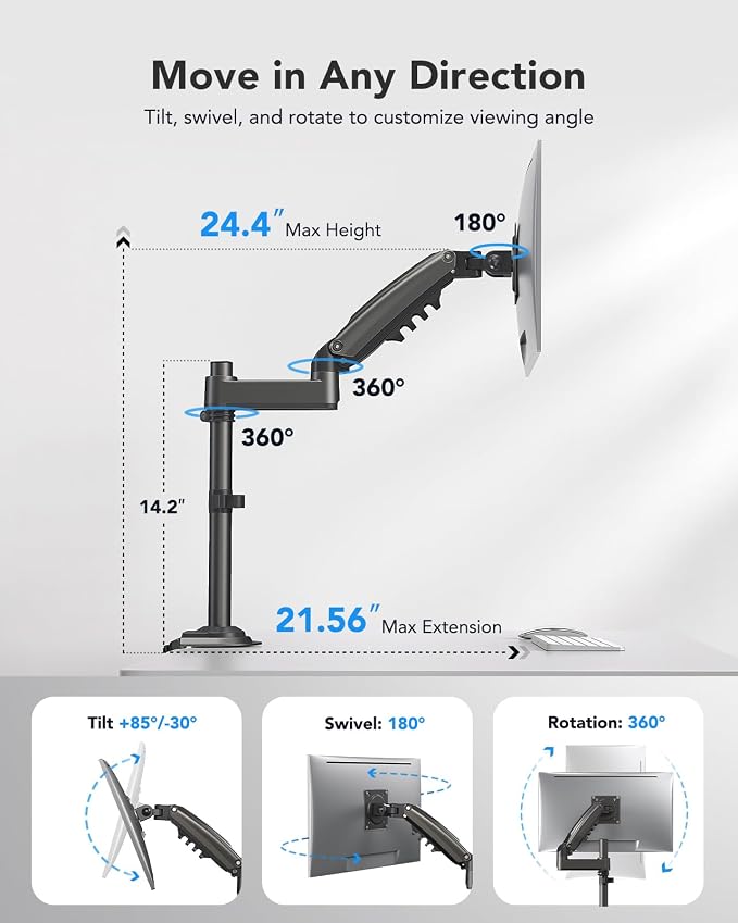 HUANUO Single Monitor Arm, Adjustable Desk Mount - Image 7