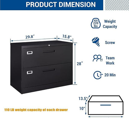 Lateral File Cabinet with Lock, 2 Drawer Large Metal Filing Cabinet, Home - Image 3