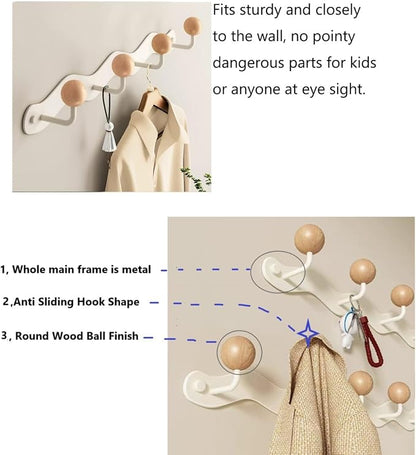 Coat Rack Wall Mount, Anti-Tear Wooden Ball Hook Rail, Heavy Duty Metal Coat - Image 3