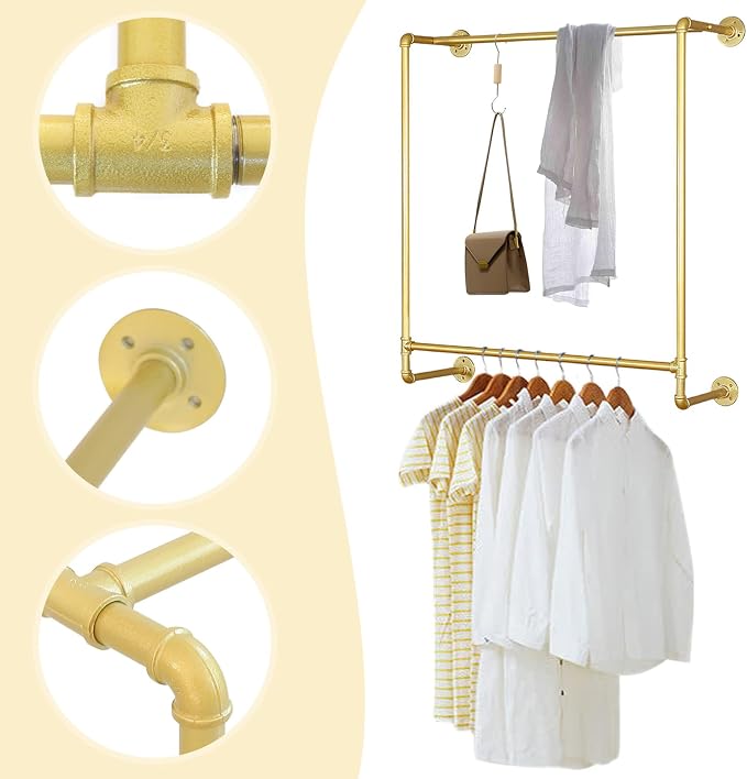 Gold Wall Mounted Clothes Rack, Industrial Pipe Garment Rack Hanging Rod Bar - Image 4