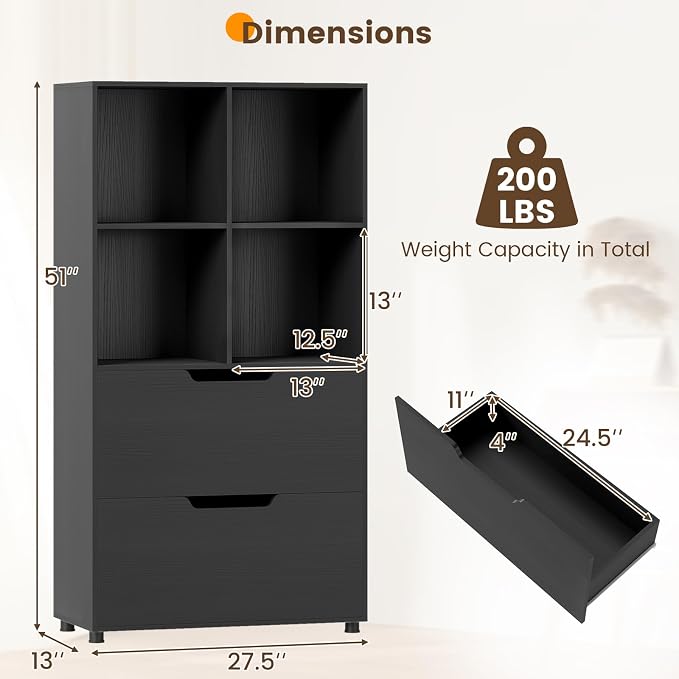 GOFLAME 4-Tier Bookcase with 2 Drawers, 51” Tall Bookshelf with 4-Cube Open - Image 3