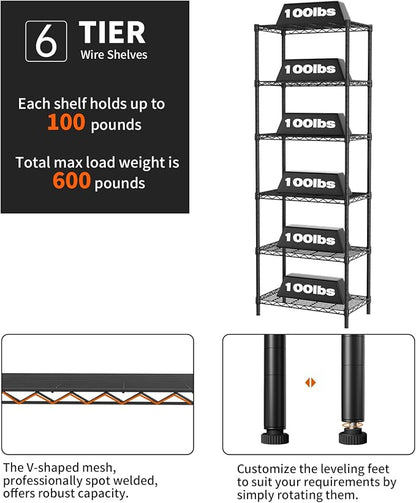 SINGAYE 6 Tier Adjustable Storage Shelf Wire Shelving Unit Metal Shelves - Image 4