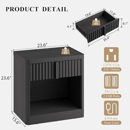 Fluted Nightstand with Charging Station, 23.6" End Table with Solid Wood Handle - Image 2