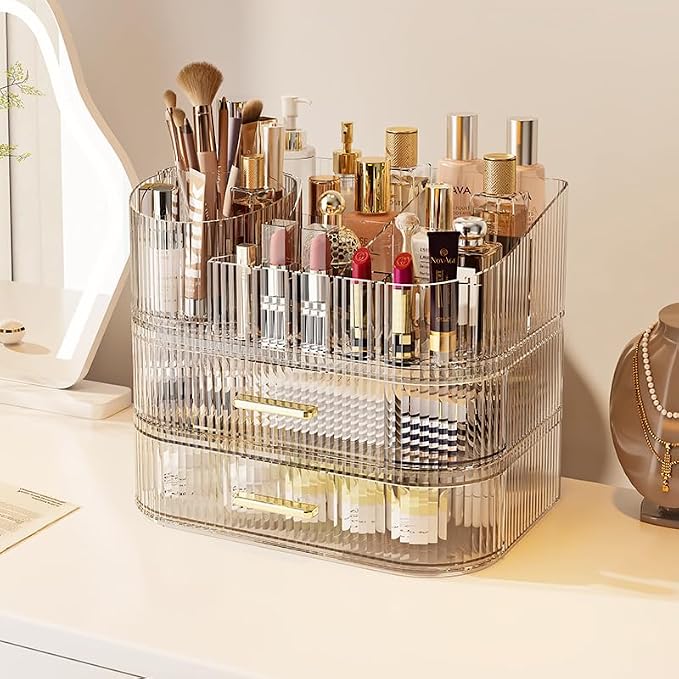 Makeup Organizer with Stackable Drawer, 360 Rotating Makeup Brush Holder by STORICANS
