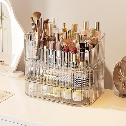 Makeup Organizer with Stackable Drawer, 360 Rotating Makeup Brush Holder by STORICANS