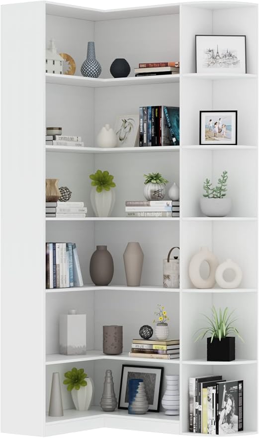 Loomie White Book Shelf, 6 Tiers Shelf Large Tall Corner Etagere Bookcase by LOOMIEDirect